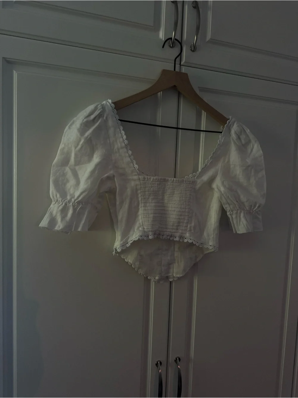 Reformation White Lace-Trim Puff Sleeve Corset Blouse